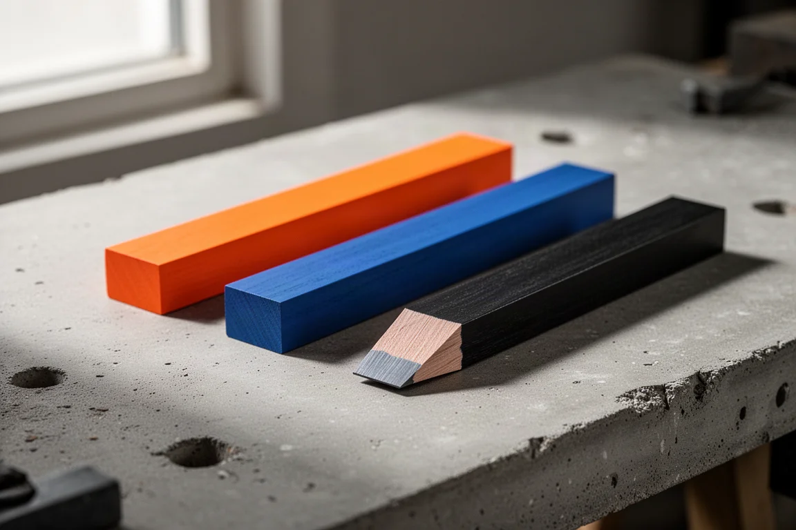 Lápices planos de carpintero en color naranja, azul y negro dispuestos sobre una mesa de trabajo de hormigón
