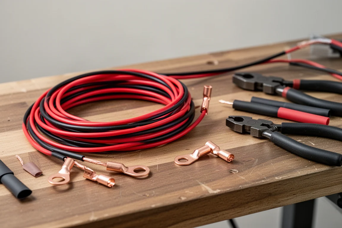 Établi avec des pièces d'adaptateur de batterie, des cosses de cuivre serties et du fil de gros calibre