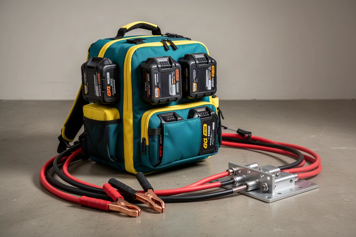 Sac à dos à batterie DIY vert et jaune chargé de quatre packs de batteries noirs et de câbles robustes