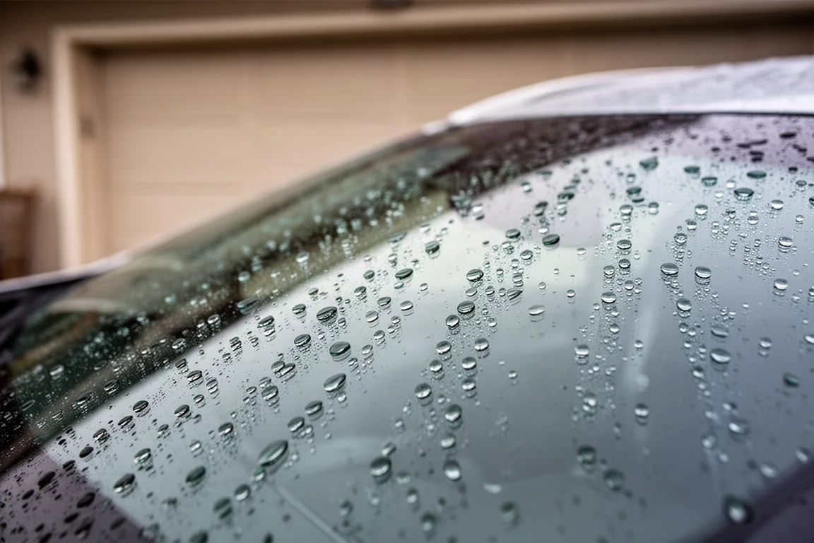水珠在剛密封的汽車擋風玻璃上形成,水滴滾落