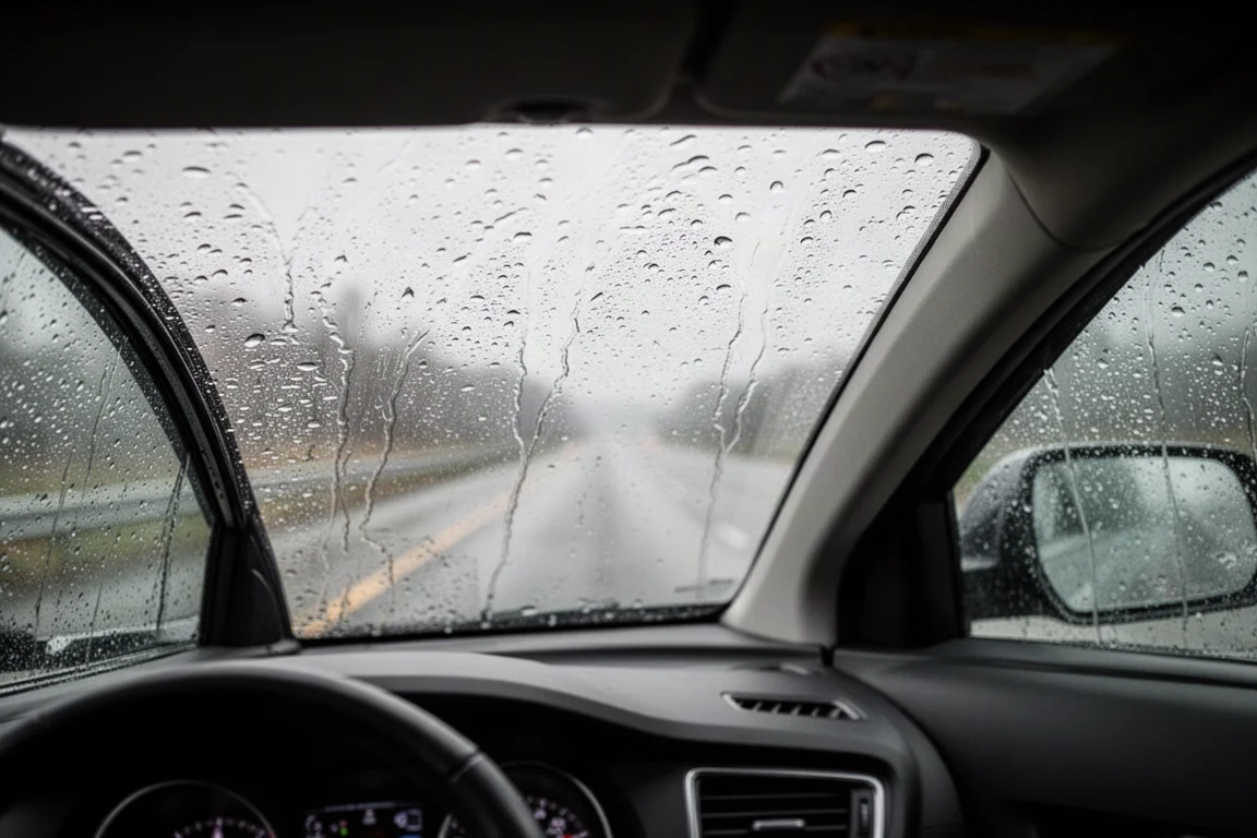 汽車在大雨中行駛,透過擋風玻璃視野清晰