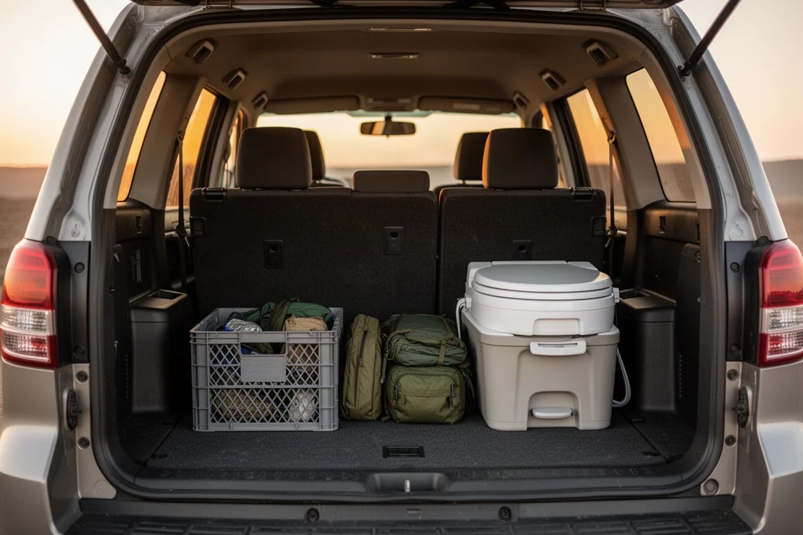 Intérieur d'un véhicule d'overlanding avec les sièges arrière rabattus et du matériel de camping sur le plancher