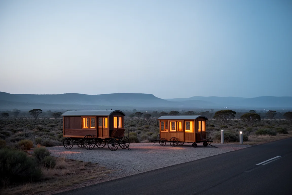 Camp en bord de route au crépuscule avec un véhicule garé et un paysage ouvert en arrière-plan