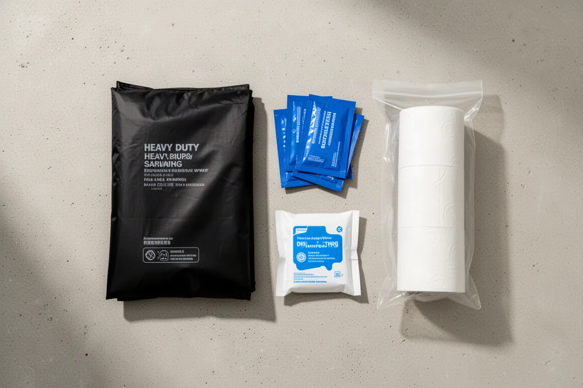 Vue à plat des fournitures d'hygiène de camping disposées sur une surface en béton