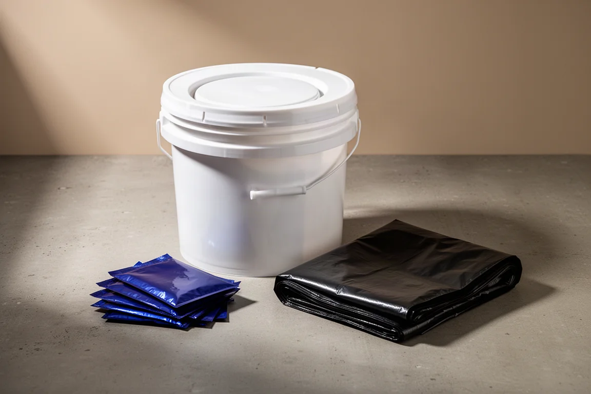 White bucket with seat lid, blue foil sachets and folded black bag on concrete