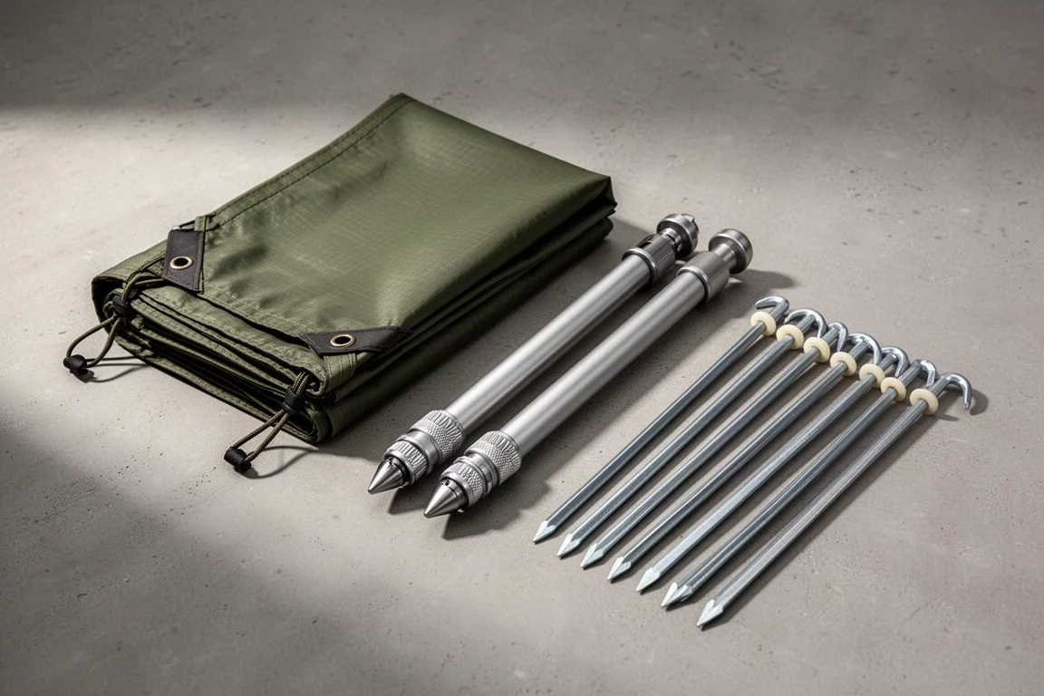 Tarp, telescoping poles and steel stakes arranged on a concrete surface