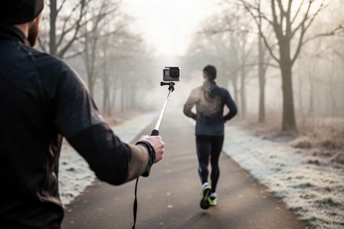 Coureur se filmant avec une caméra d'action compacte fixée sur une poignée tenue à la main, en lumière hivernale