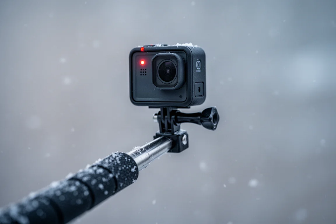 Caméra d'action compacte affichant un témoin d'avertissement tandis qu'elle est fixée sur un selfie stick