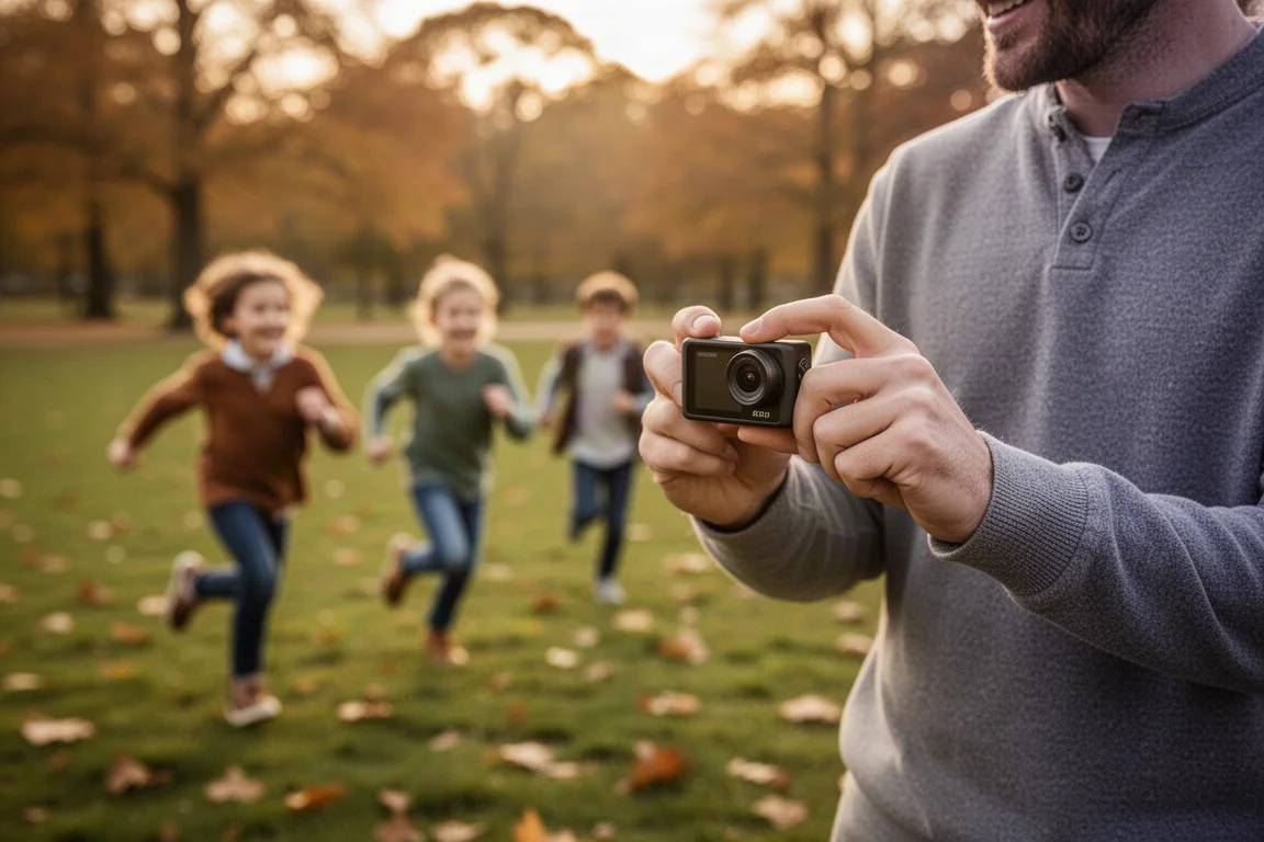 Enfants jouant dans un parc tandis qu'un parent tient une petite caméra d'action
