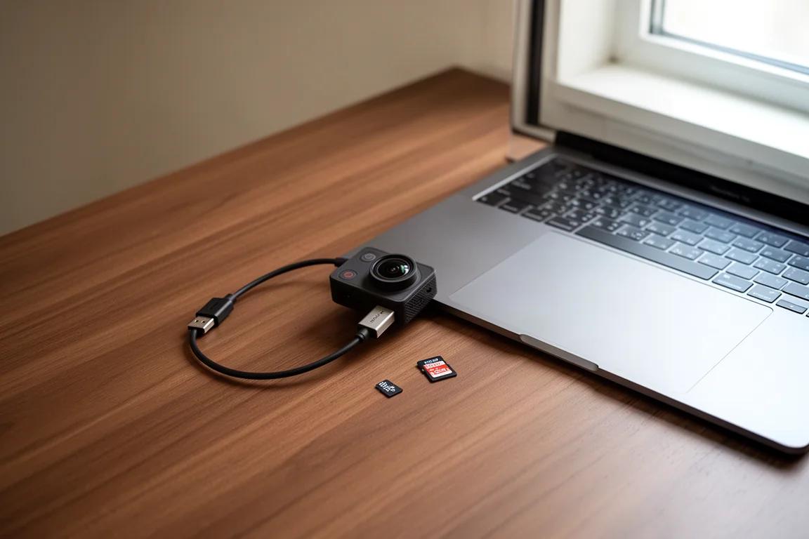 Caméra d'action reliée à un ordinateur portable par câble pendant le transfert de fichiers vidéo