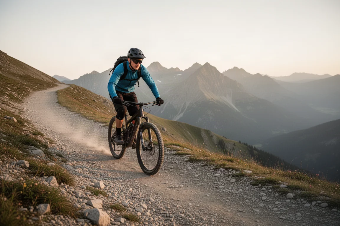 Mountainbiker fährt auf einem offenen Kiesbergpfad, während eine Drohne ihm folgt