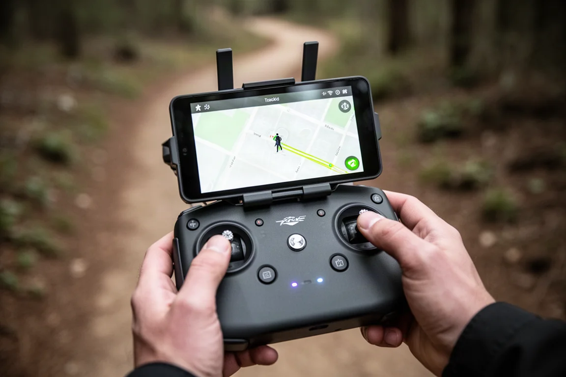 Drohnen-Fernbedienung mit Live-Tracking-Kartenansicht auf dem Bildschirm, in einer Hand