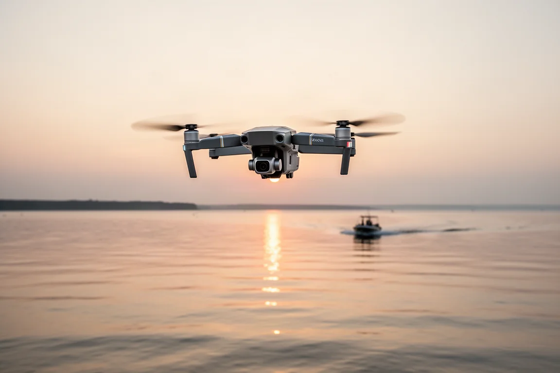 Drohne fliegt über ruhiges Wasser und folgt einem Boot bei Sonnenuntergang