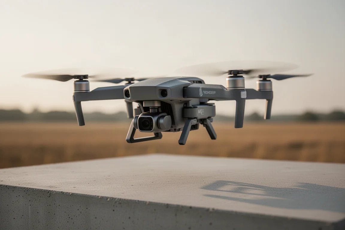Drone DJI Air 3 in volo stazionario basso su una superficie di cemento all'ora dorata
