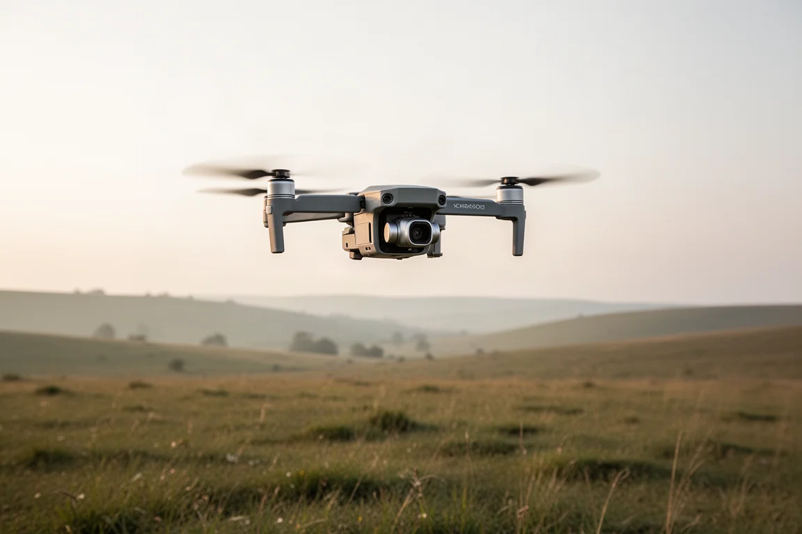 Drone DJI Air 3 in volo stazionario sopra un paesaggio aperto con luce soffusa