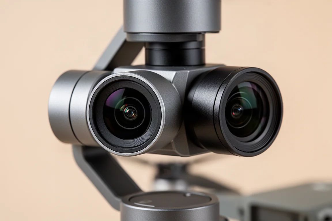 Primo piano del gimbal dual camera di un drone con lenti wide e teleobiettivo