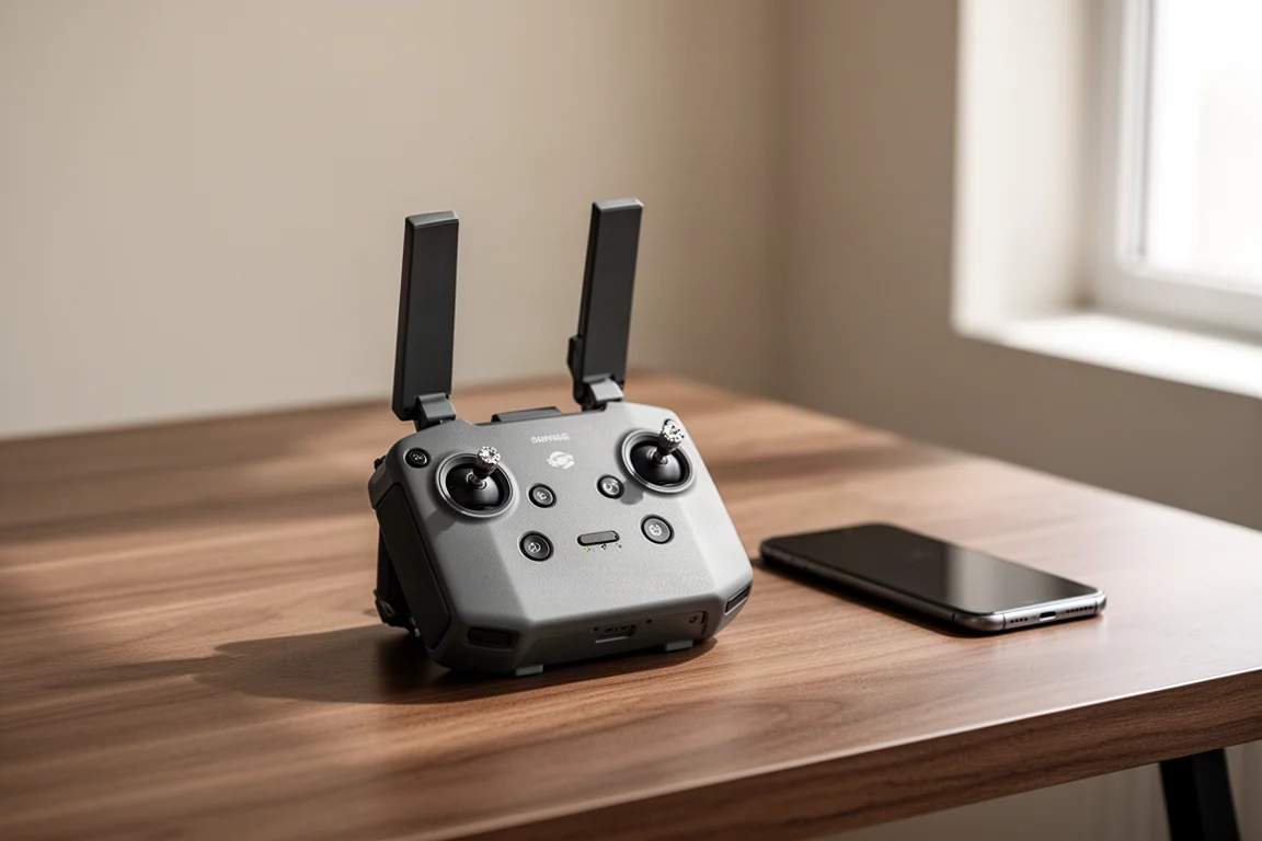 Controller da drone con antenne ripiegabili appoggiato su una scrivania in legno