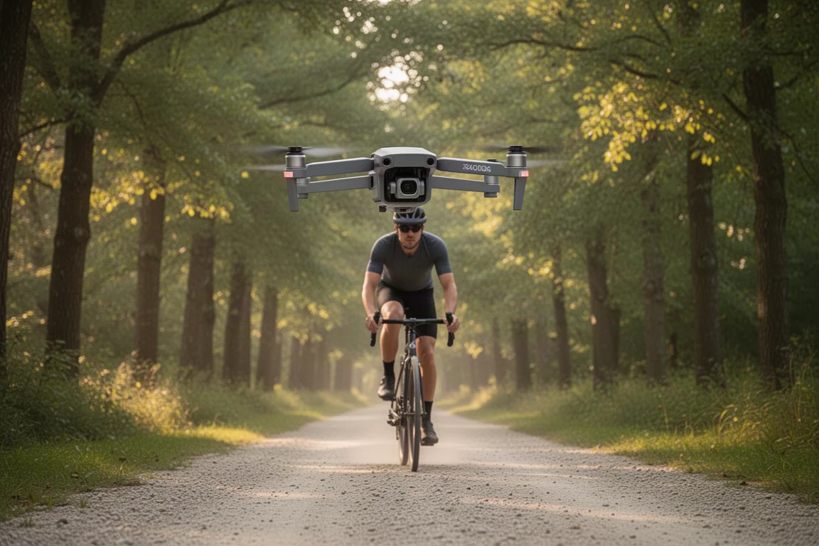 Drone che vola basso su un sentiero alberato durante l'ActiveTrack