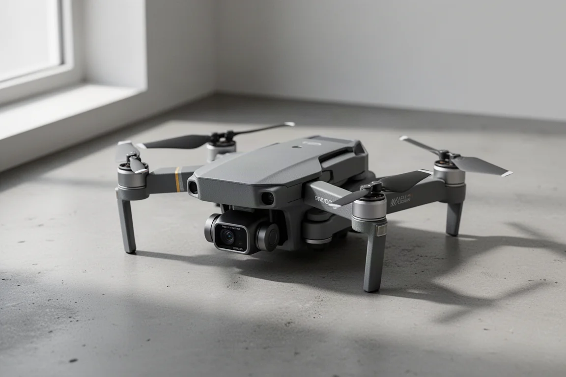 Drone fotografico pieghevole DJI Air 3 con gimbal a doppia lente su superficie in cemento