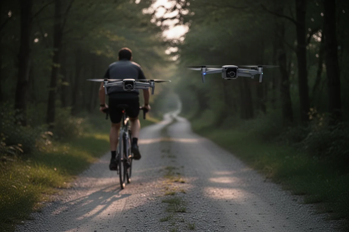Drohne folgt einem Radfahrer auf einem baumgesäumten Weg im schwachen Abendlicht