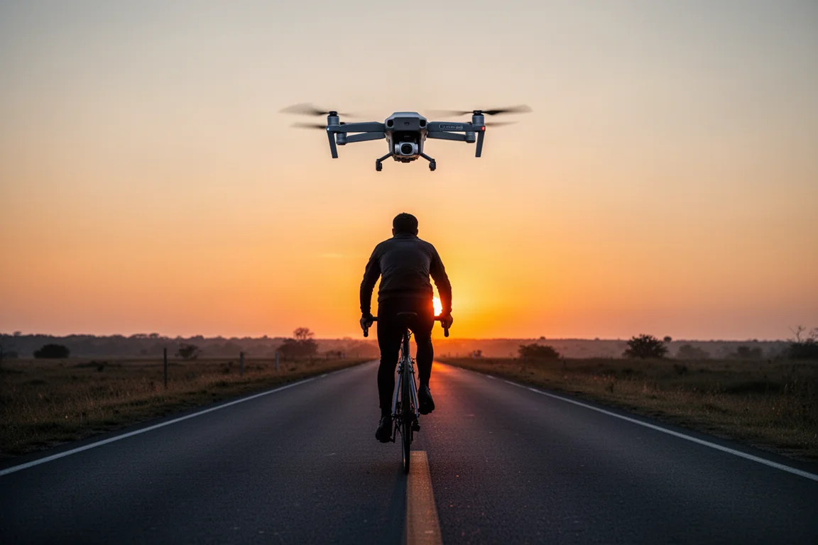 Drohne rahmt einen Radfahrer ein, der in einen farbenprächtigen Sonnenuntergang reitet