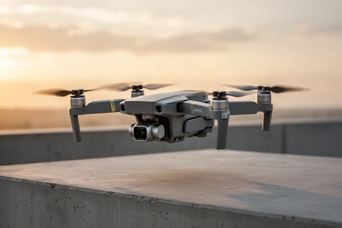 Drone con fotocamera DJI Air 3S pieghevole in volo stazionario sopra una superficie di cemento all'ora dorata