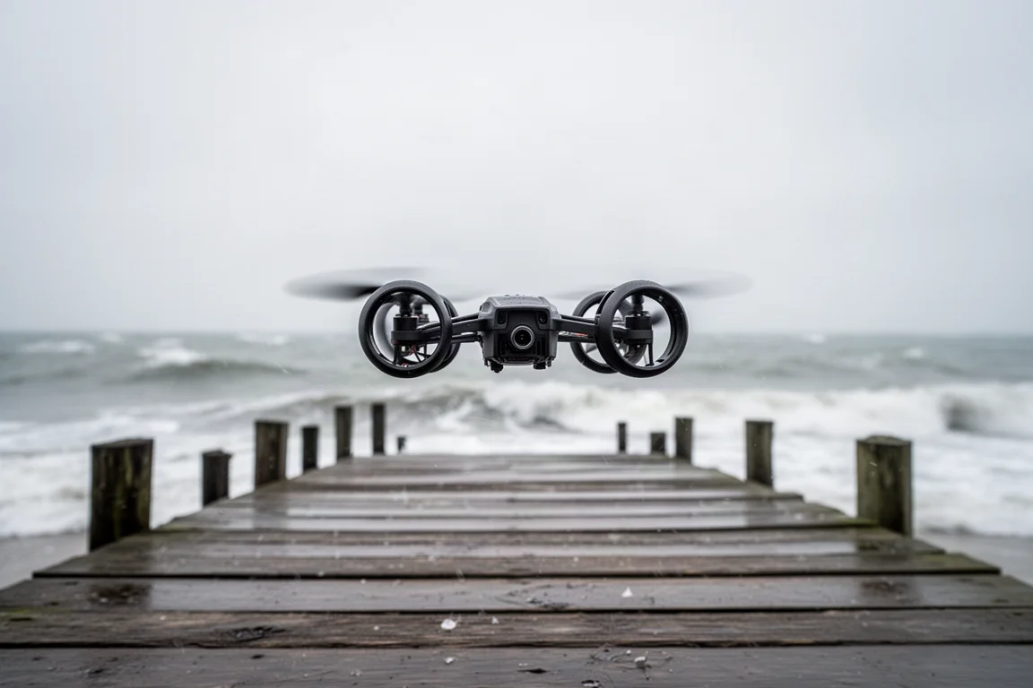 FPV-drone zwevend boven een kustpier bij harde wind