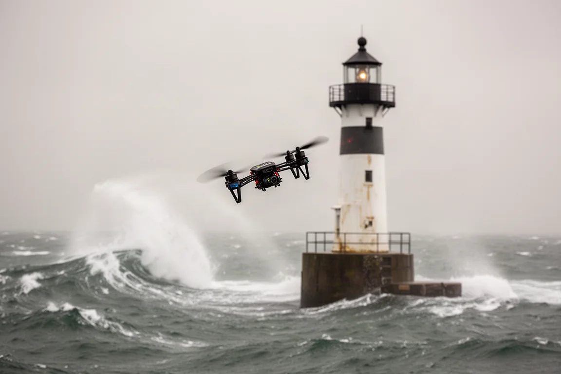 Drone sterk hellend tegen de wind in bij een betonning