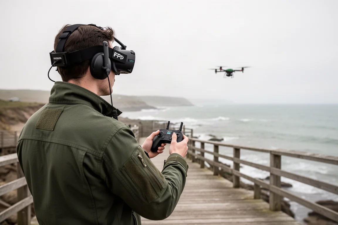 Piloot met FPV-bril die de drone vliegt met een motion controller