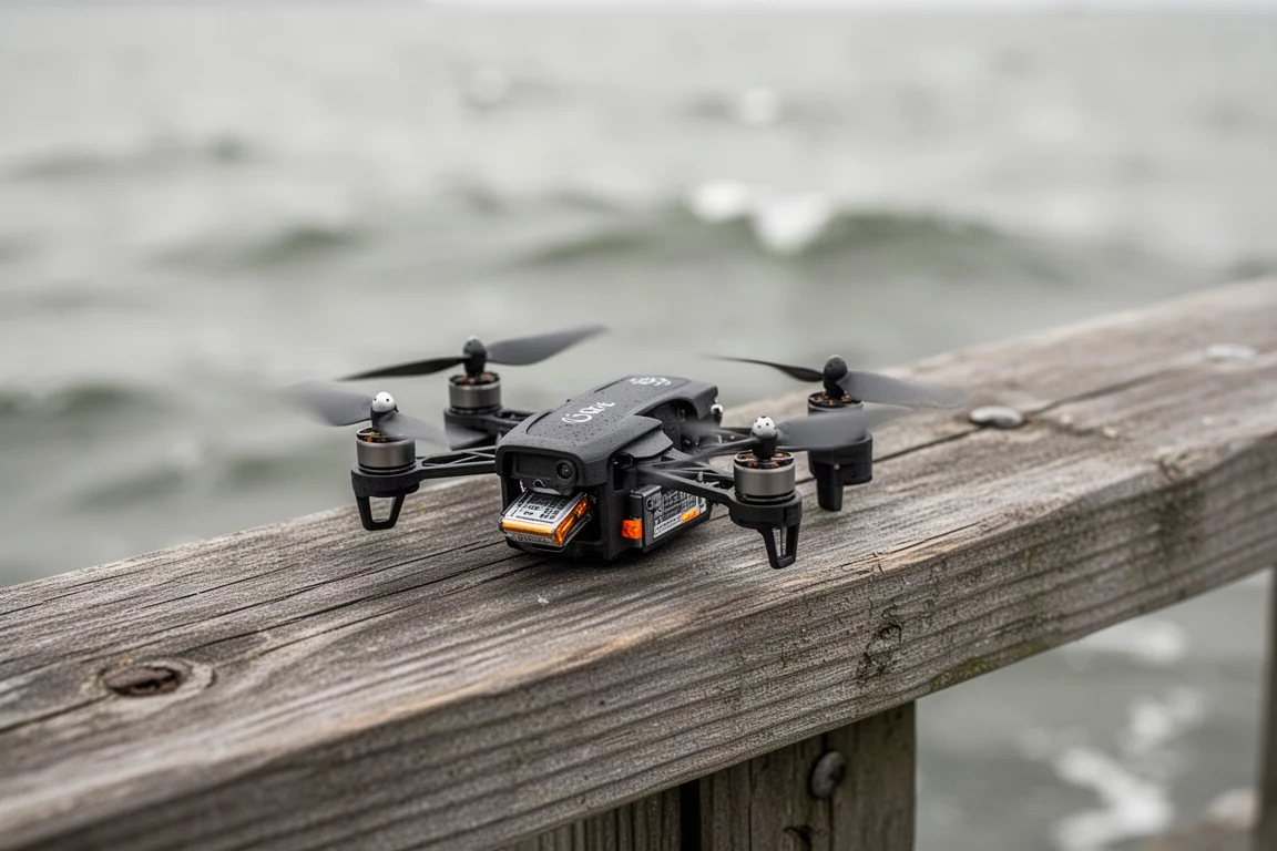 Lage batterij-indicator van drone tijdens vlucht boven water