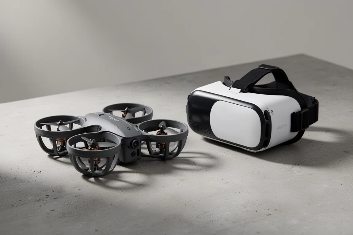 Drone DJI Avata FPV e DJI Goggles 2 su una superficie di cemento