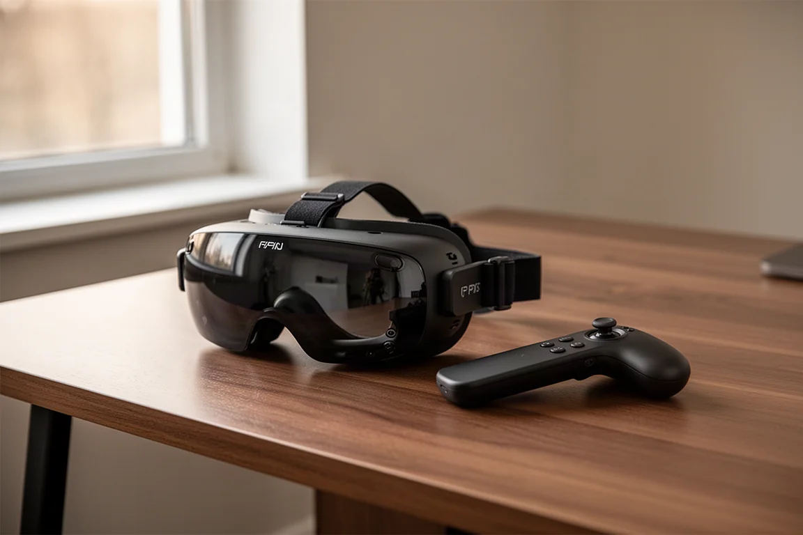 FPV goggles resting on a wooden desk beside a motion controller