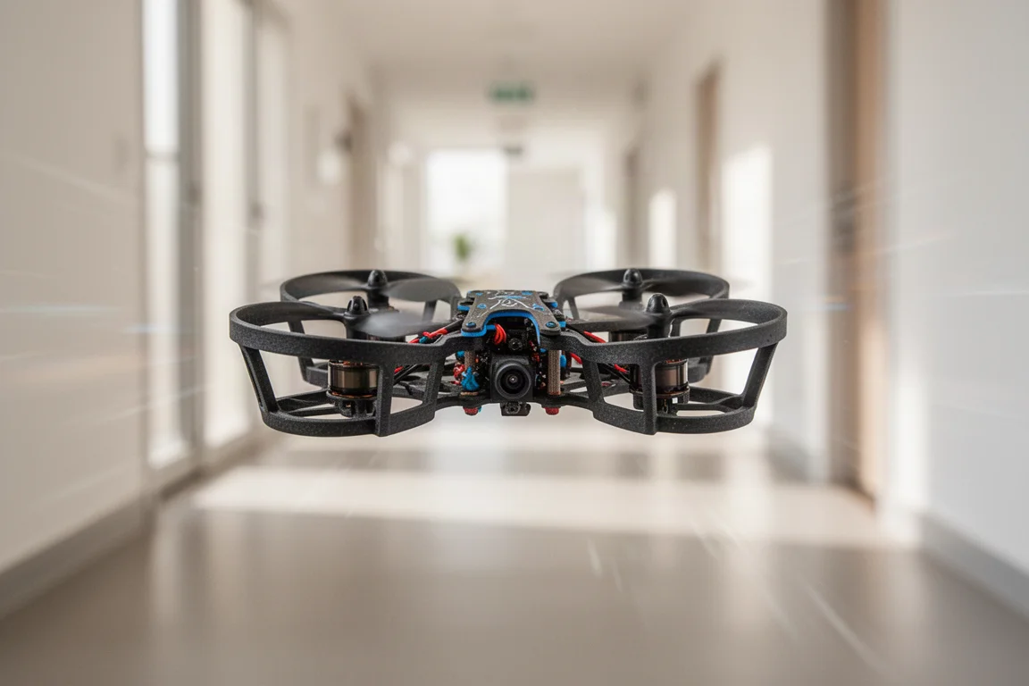 Drone flying low through an indoor corridor with prop guards visible