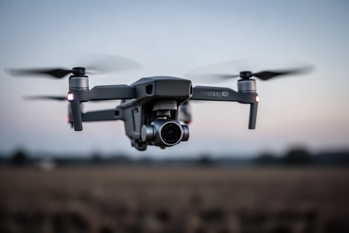 Close-up of a drone gimbal camera at dusk over an open field