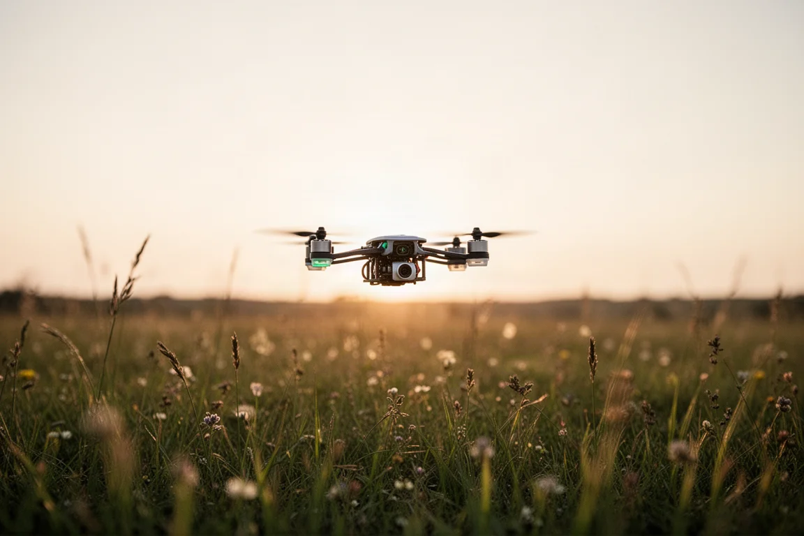 Drone landing on a grassy meadow at golden hour