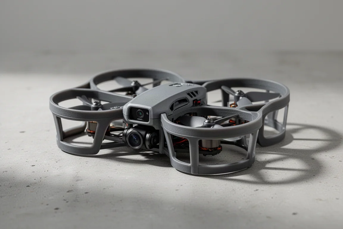 Drone FPV compatto con protezioni eliche su una superficie di cemento opaco
