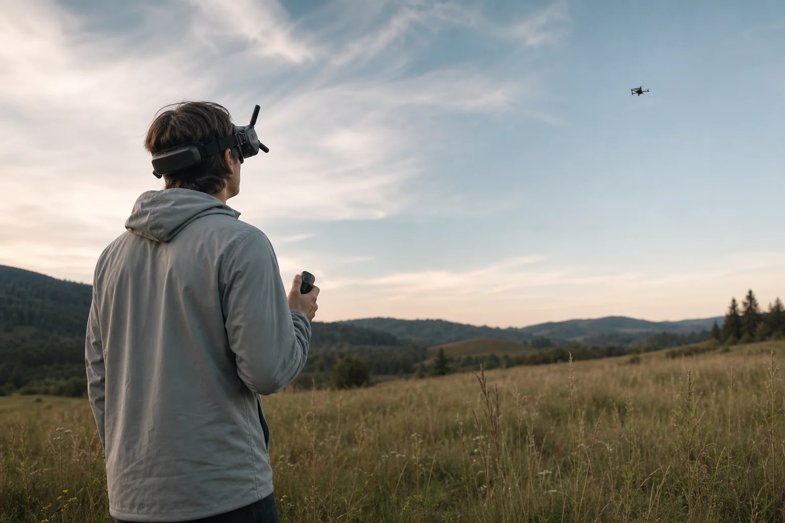 FPV pilot wearing goggles and holding motion controller in open field