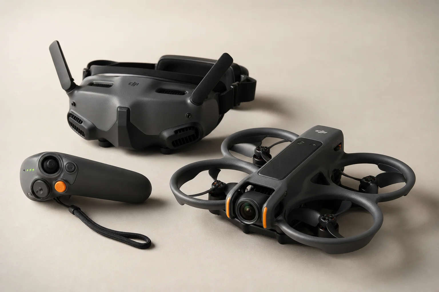 DJI Avatar 2 FPV drone system with goggles and motion controller on neutral backdrop