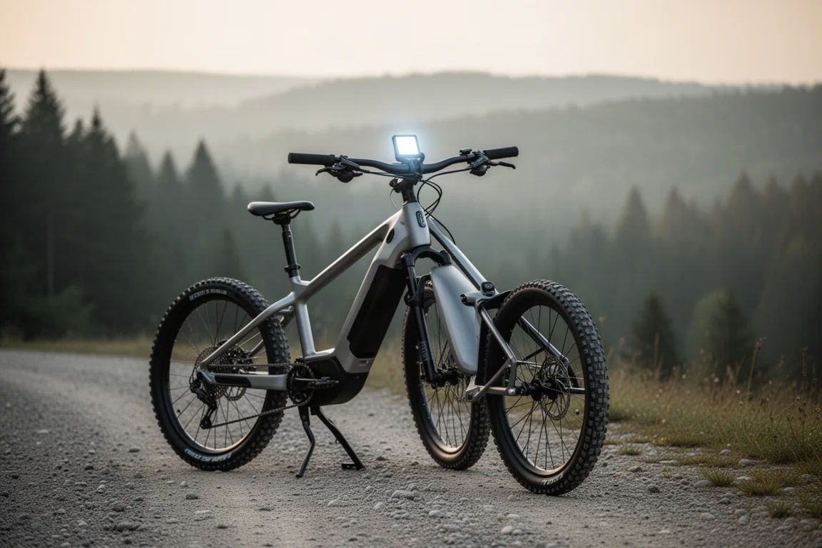 Start einer E-Mountainbike-Fahrt auf einem Schotterweg mit aktivem Lenkerdisplay