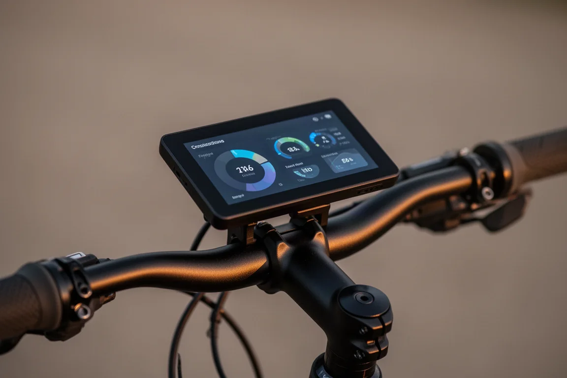 Nahaufnahme eines am Lenker montierten E-Bike-Touchscreen-Displays in der Dämmerung