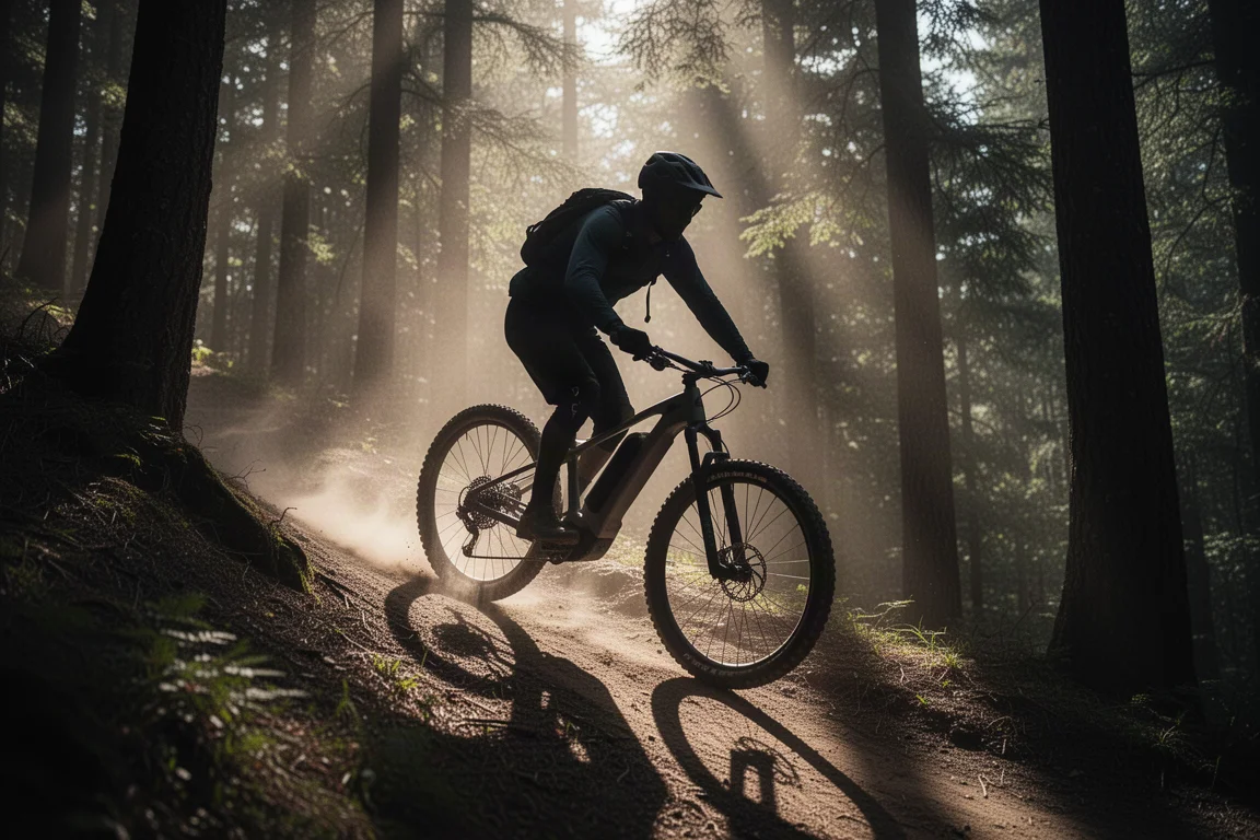Fahrersilhouette beim Anstieg eines steilen E-MTB-Trail im Wald