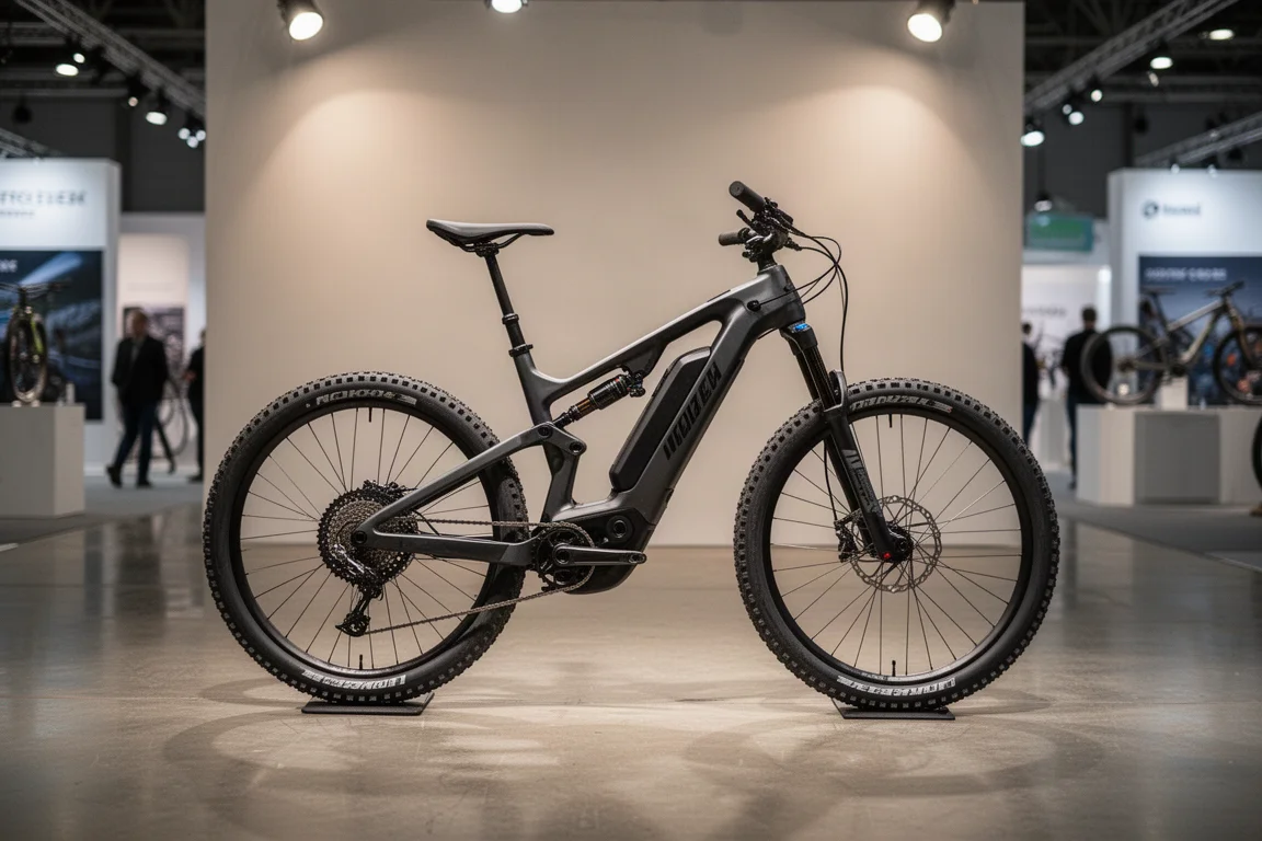 Premium-e-Mountainbike auf dem Ausstellungsboden unter sanfter Beleuchtung