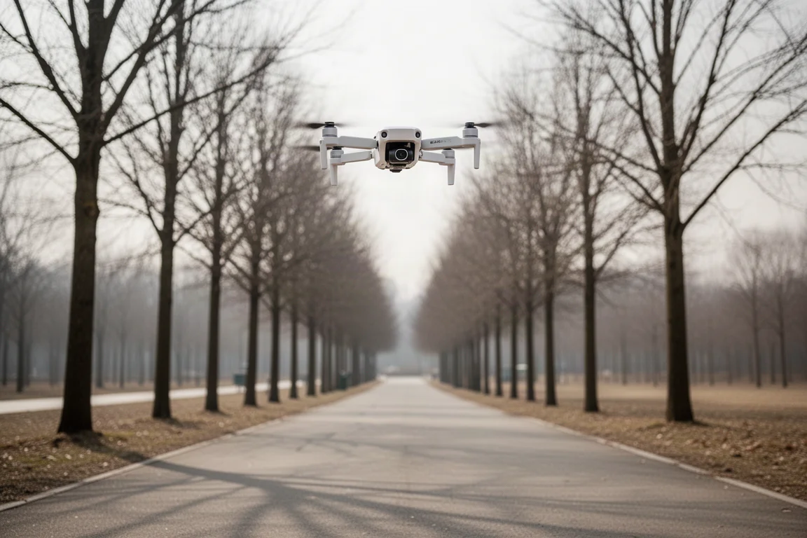 Compact folding drone hovering along a tree-lined path in soft daylight