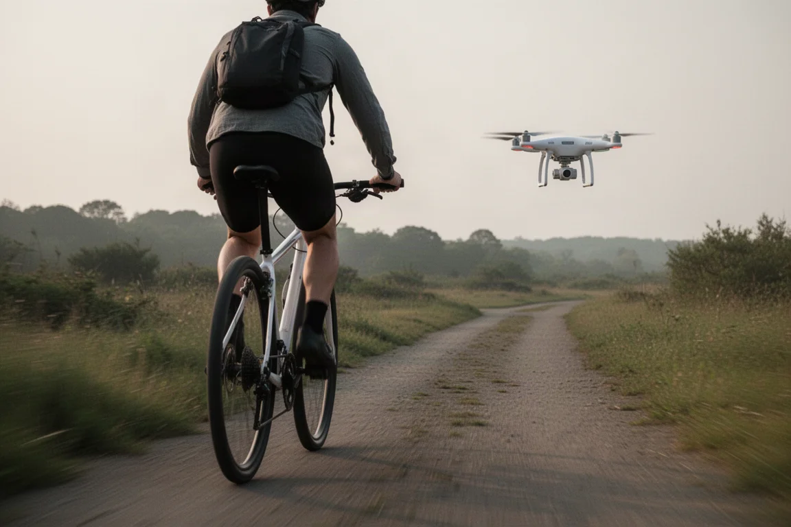 Drone flying behind a moving cyclist on an open stretch of trail