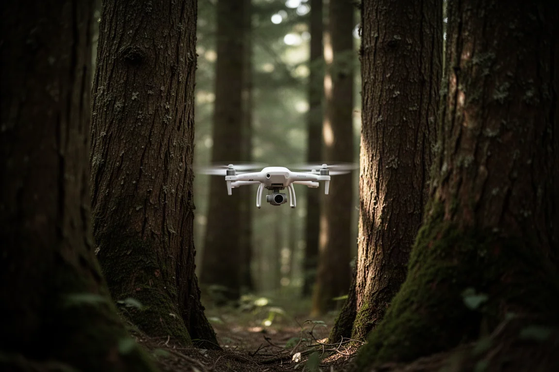 Small drone threading between tree branches in a dense forest