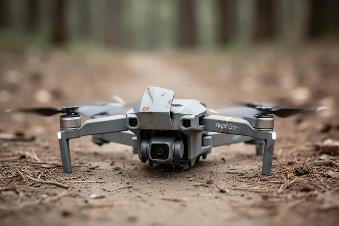 Close-up of a small drone camera gimbal slightly crooked after a soft landing
