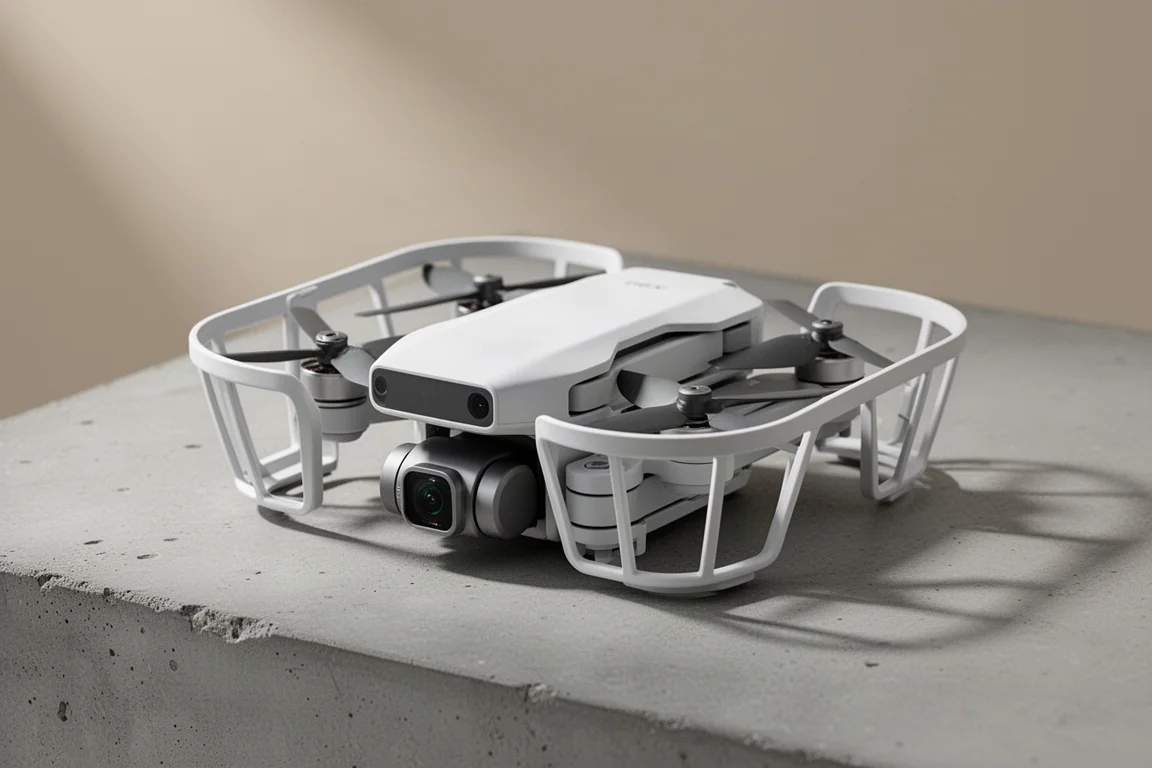 Kompaktowy biały składany dron z kamerą na betonowej powierzchni