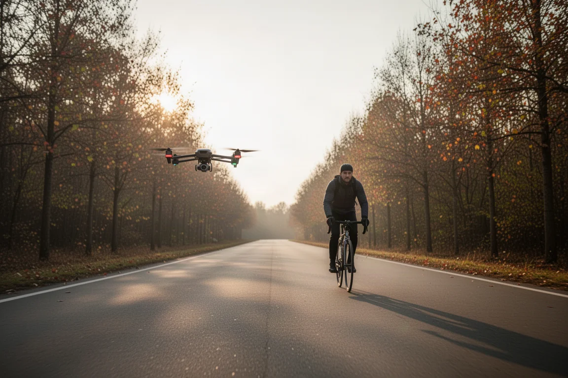Dron lecący nisko obok kolarza na otwartej nawierzchni asfaltowej, wzdłuż drogi rosną drzewa
