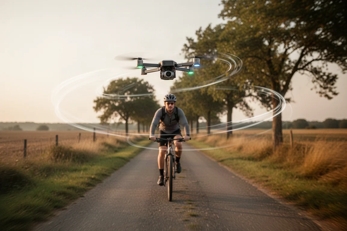 Dron okrążający kolarza jadącego pod silny wiatr czołowy drogą wiejską