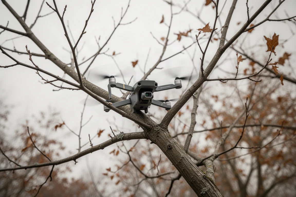 Dron oparty o gałęzie drzewa wysoko nad ziemią po zderzeniu z przeszkodą